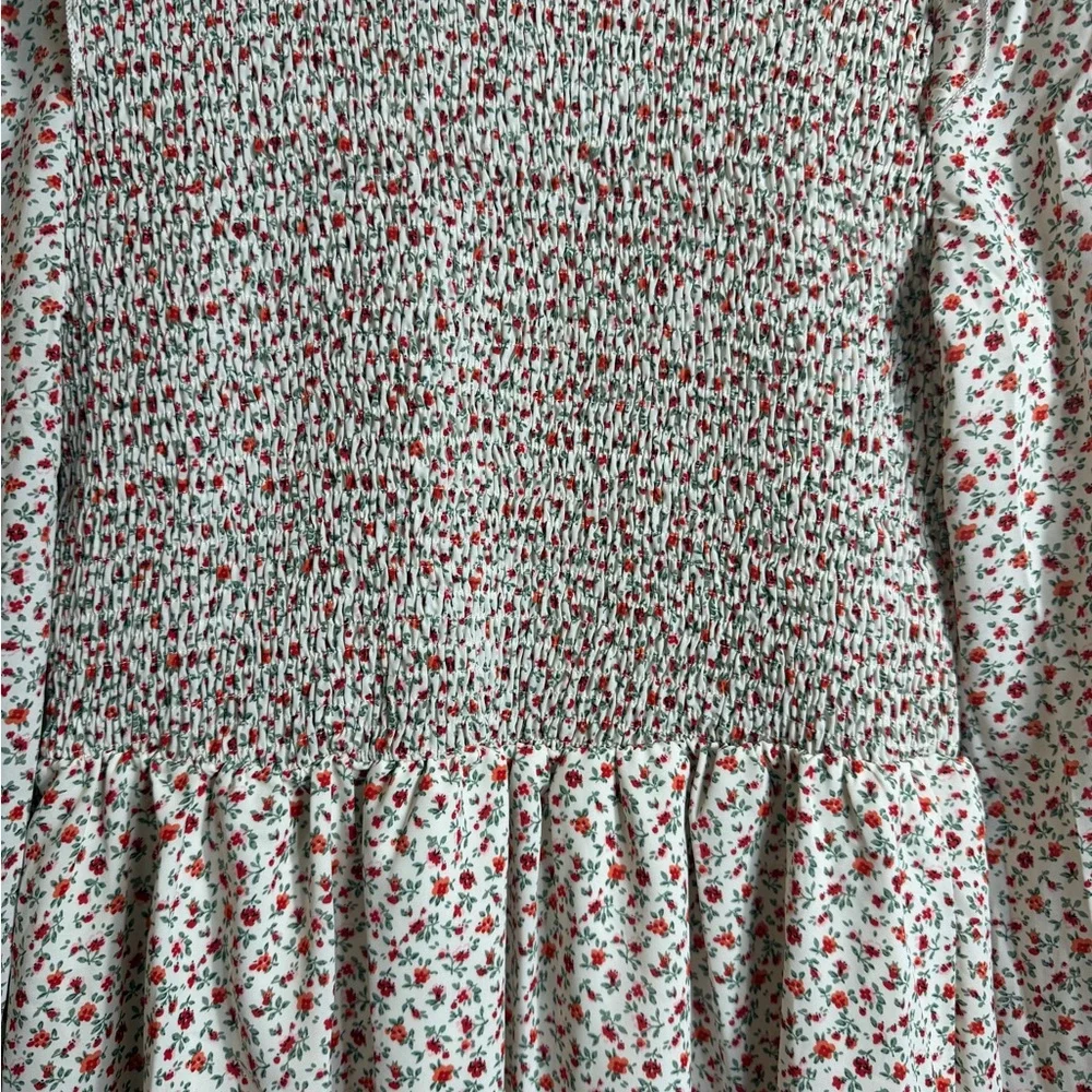 Kirundo Smocked Floral Mini Dress Cottagecore Puff Sleeve Ruffle Hem M